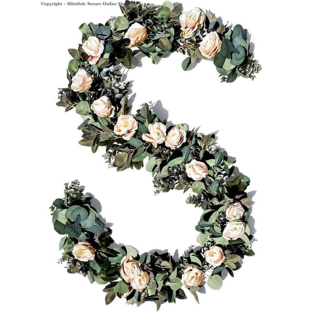 6 Pack Artificial Eucalyptus Garland with‎ 17 Ivory Cream Roses - Wedding Floral